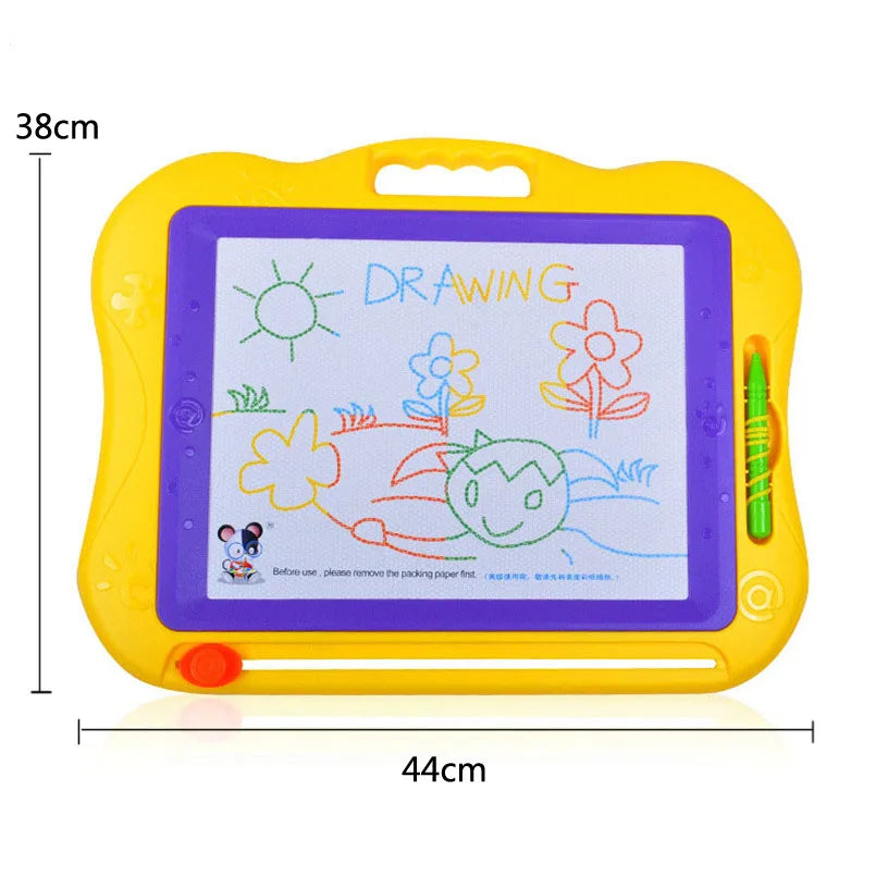 A yellow magnetic drawing board with a purple surface and an attached green pencil for kids