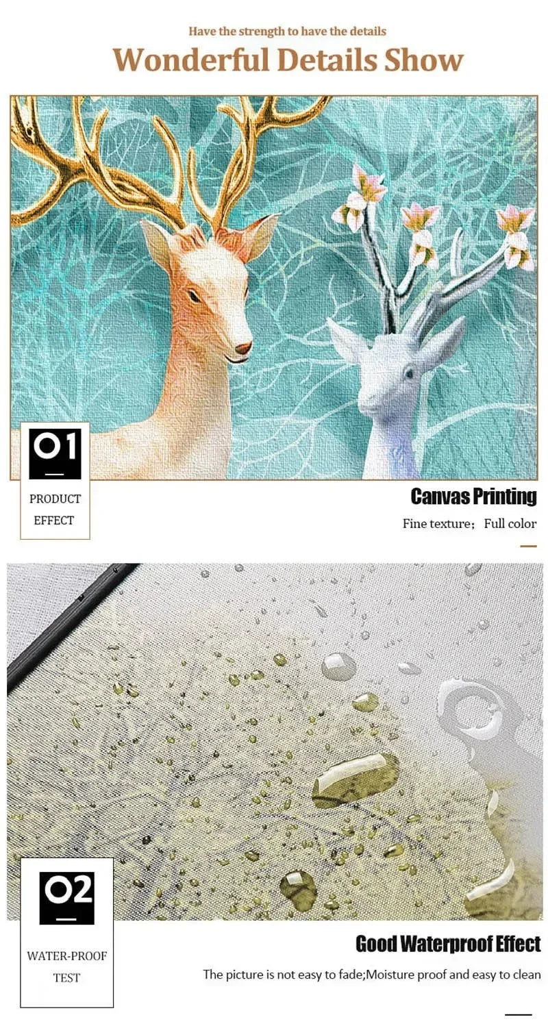 Canvas printing showing a deer head in pastel tones and a close-up of water resistance test