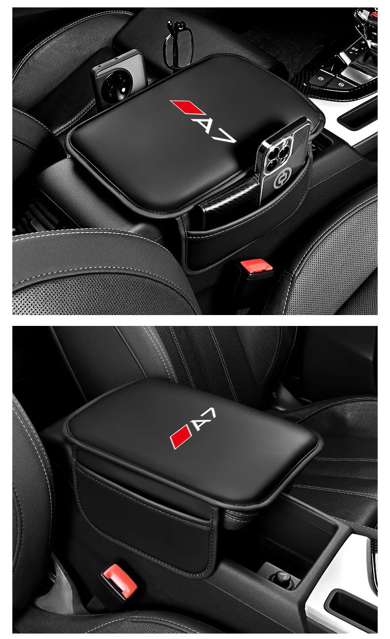 A black car armrest box mat with a storage pocket for Audi models is shown in the interior of a vehicle.