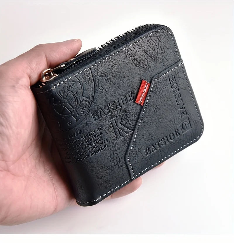 Men's Waxed Leather Card Holder Wallet with Zipper Coin Pocket