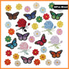A collection of 36 mixed butterfly and rose embroidered iron-on patches in various colors.