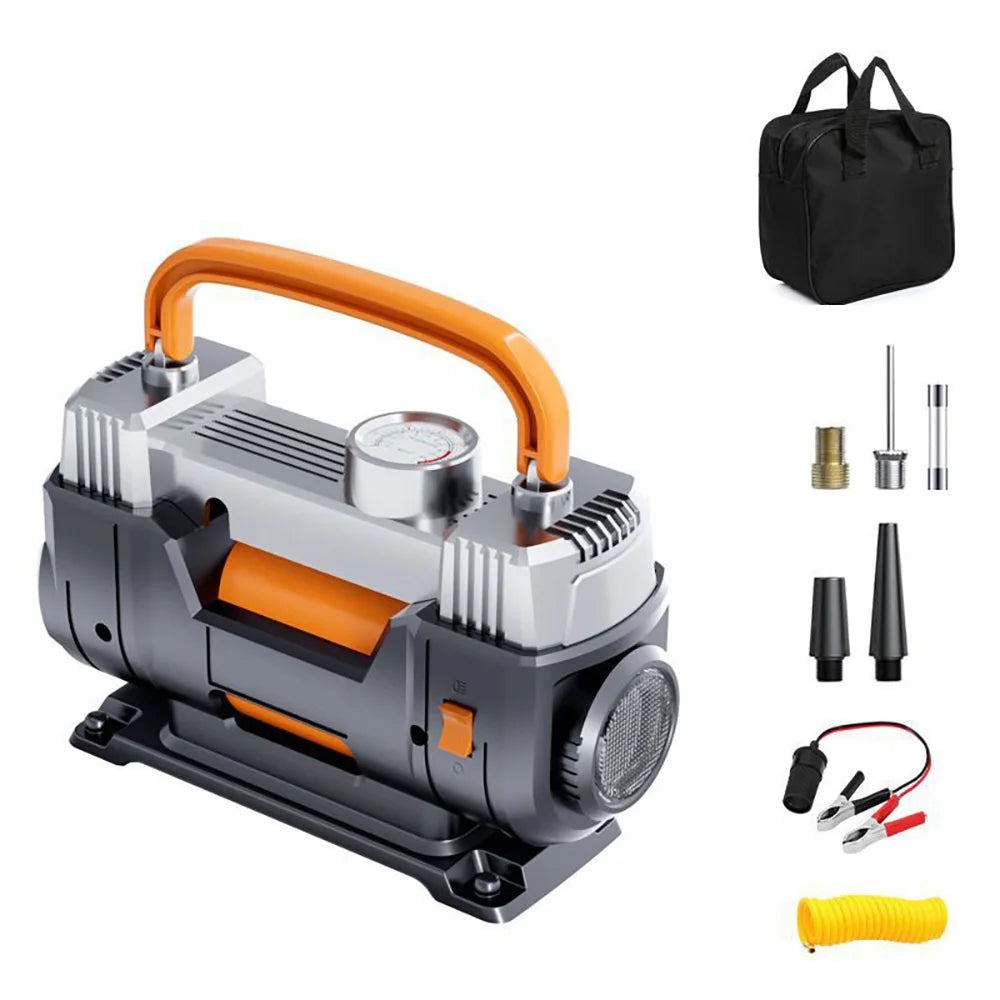 Kit de réparation de pneus universel avec corps argent et noir, poignée orange et sac de rangement.