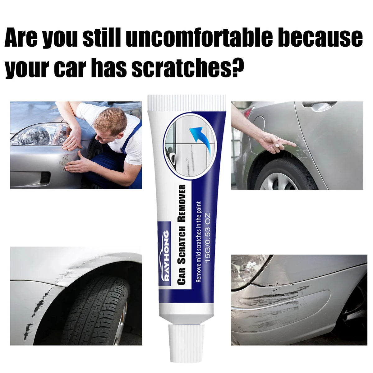 A tube of Rayhong car scratch remover for paint repair, shown next to a damaged car surface.
