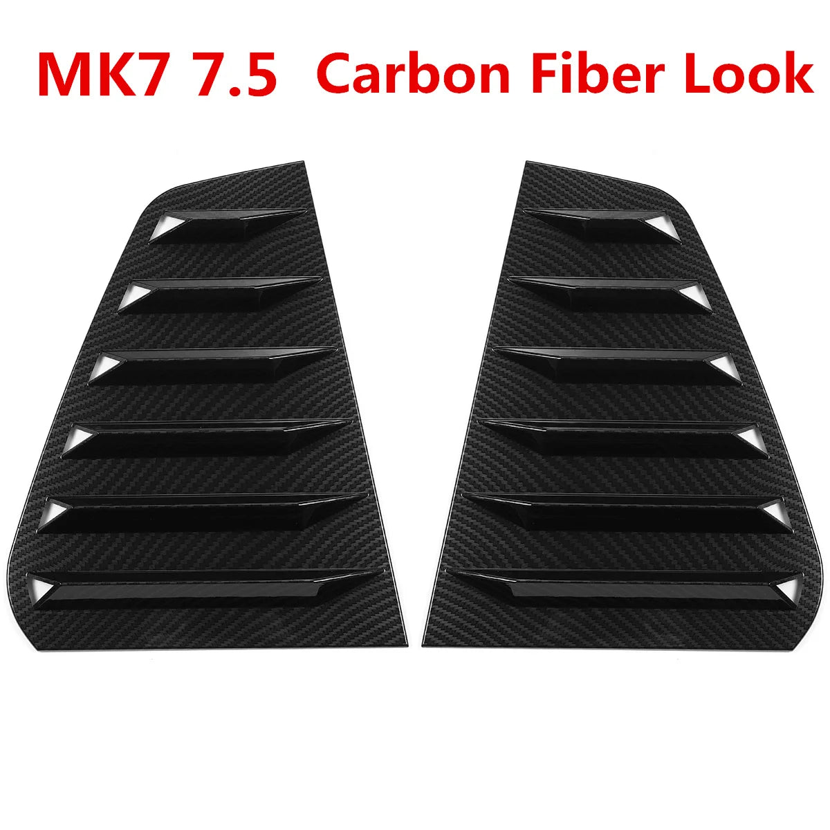 A pair of black carbon fiber look rear window louvers for a Volkswagen Golf 7 or 7.5.
