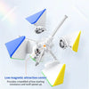 A white and blue magnetic speed cube device is shown in various angles demonstrating its low magnetic attraction center featu