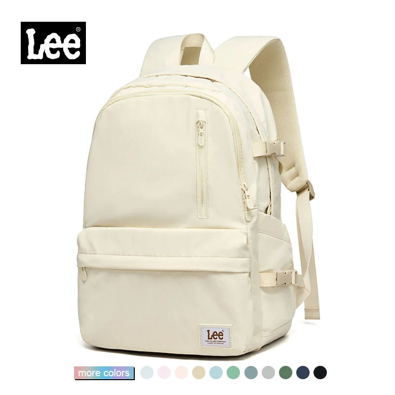 A cream-colored Lee ultralight water-resistant laptop backpack shown from the front.