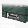 A dark green waterproof suitcase cover with a top opening design and silver zipper visible.