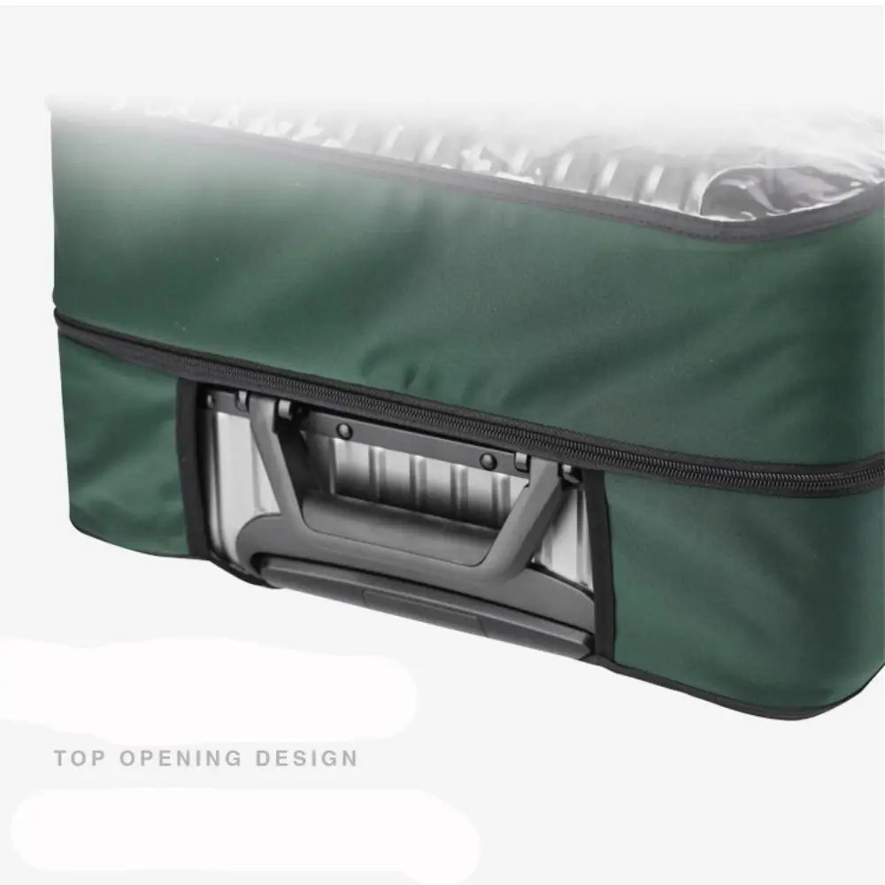 A dark green waterproof suitcase cover with a top opening design and silver zipper visible.