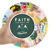 A hand holds a circular sticker pack featuring inspirational Bible verses and mountains, with text that says Faith can move t