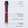 A red pen-shaped non-contact AC voltage detector with various features like a battery cover, door lock, pen clip, and LCD dis
