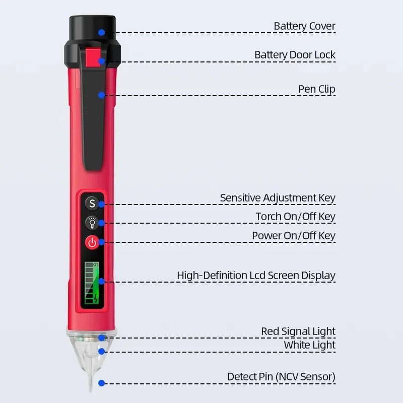 A red pen-shaped non-contact AC voltage detector with various features like a battery cover, door lock, pen clip, and LCD dis