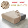 Beige gray velvet fabric sofa cover shown draped on a modern sofa.
