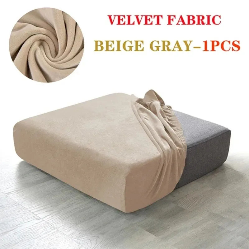 Beige gray velvet fabric sofa cover shown draped on a modern sofa.