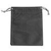 A dark gray velvet drawstring jewelry pouch with light twine ties.