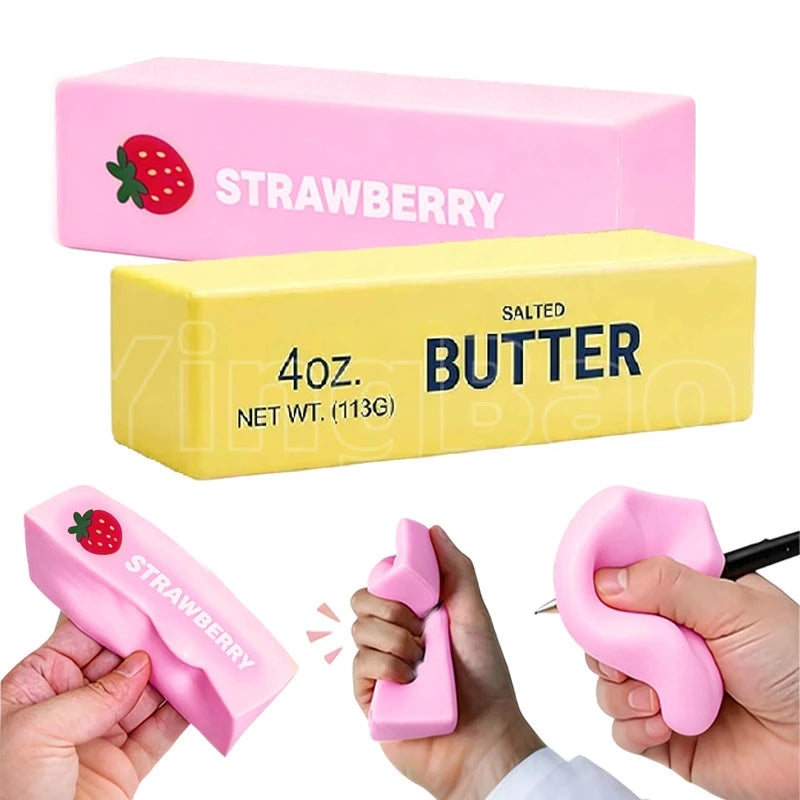 Pink and yellow squishy butter fidget toys are shown in various forms being squeezed by hands.
