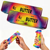 A hand holds a squishy butter fidget toy with vibrant multicolored squishy material.