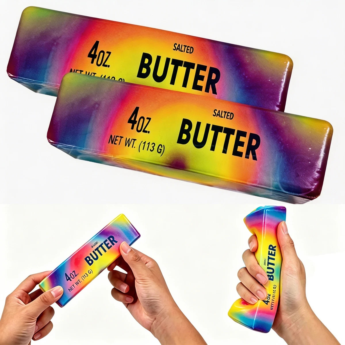 A hand holds a squishy butter fidget toy with vibrant multicolored squishy material.