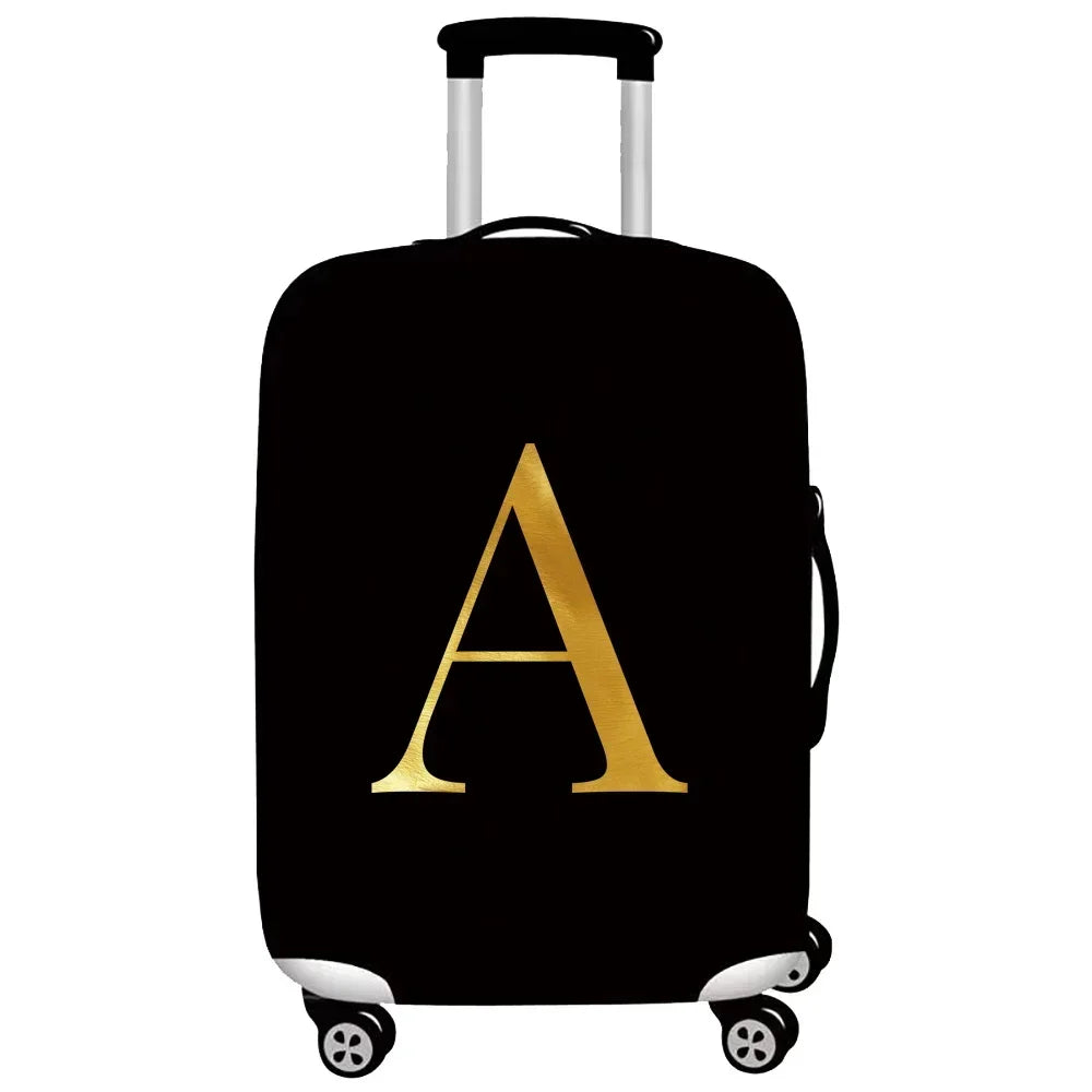 Black rolling suitcase with a gold letter A print.