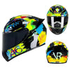 A black and neon yellow full face motorcycle helmet with a removable liner shown from the front and side.