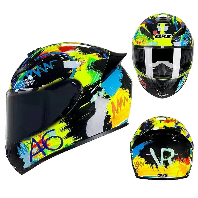 A black and neon yellow full face motorcycle helmet with a removable liner shown from the front and side.