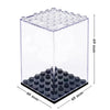 Clear acrylic display case with a grid of small cylindrical holders for collectibles