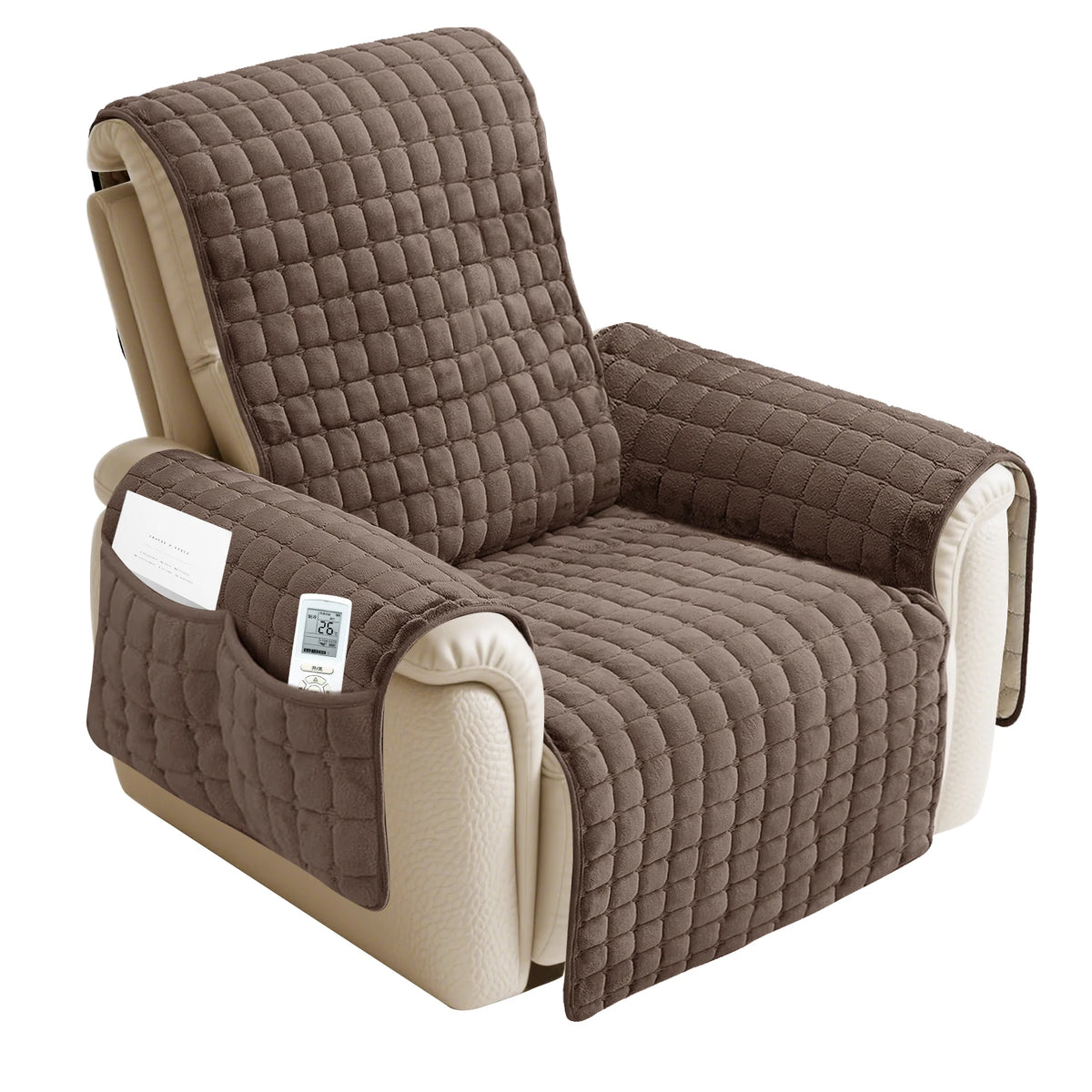 A brown quilted waterproof non-slip recliner sofa cover with side pockets shown from the side.