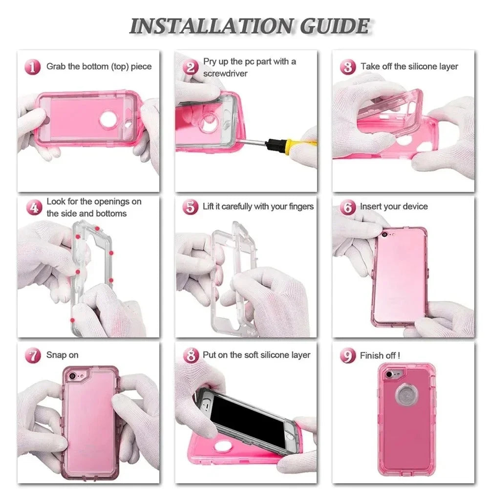 Installation guide showing steps to install a pink magnetic heavy-duty bumper case on a smartphone.