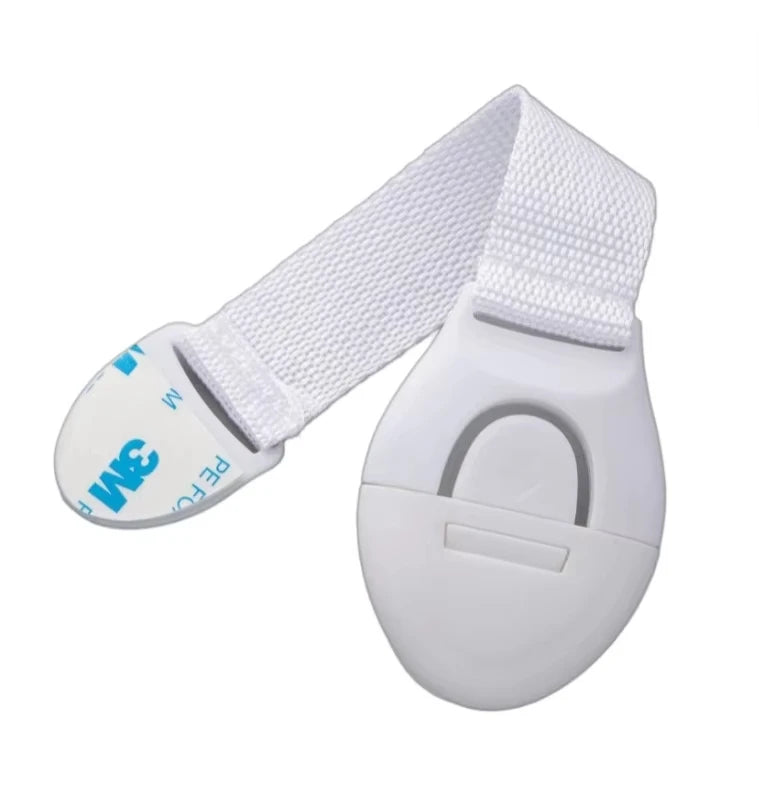 White child safety cabinet locks with white fabric straps for securing drawers and doors