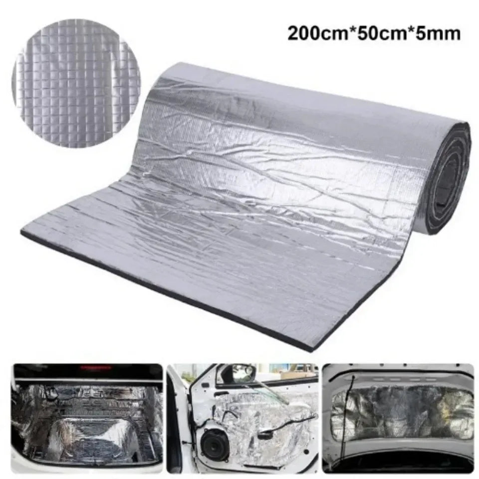 Roll of silver automotive sound deadening and heat insulation mat, showing the material texture and thickness.