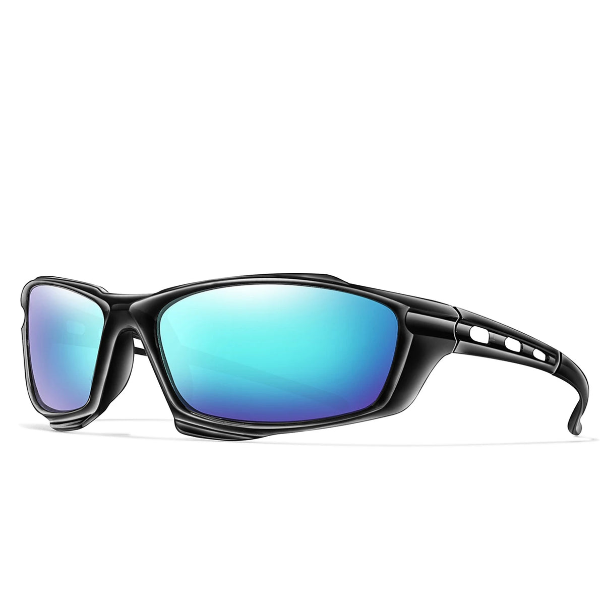 A pair of black polarized sports sunglasses with blue mirrored lenses.