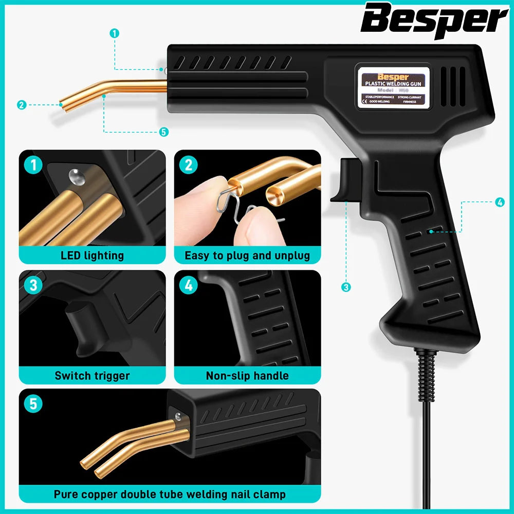 A black plastic welding gun with a copper double tube welding nail clamp and LED lighting features a switch trigger and non-s