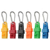 A set of six colorful durable glove clips with metal hooks and ergonomic grips in yellow, red, black, orange, green, and blue