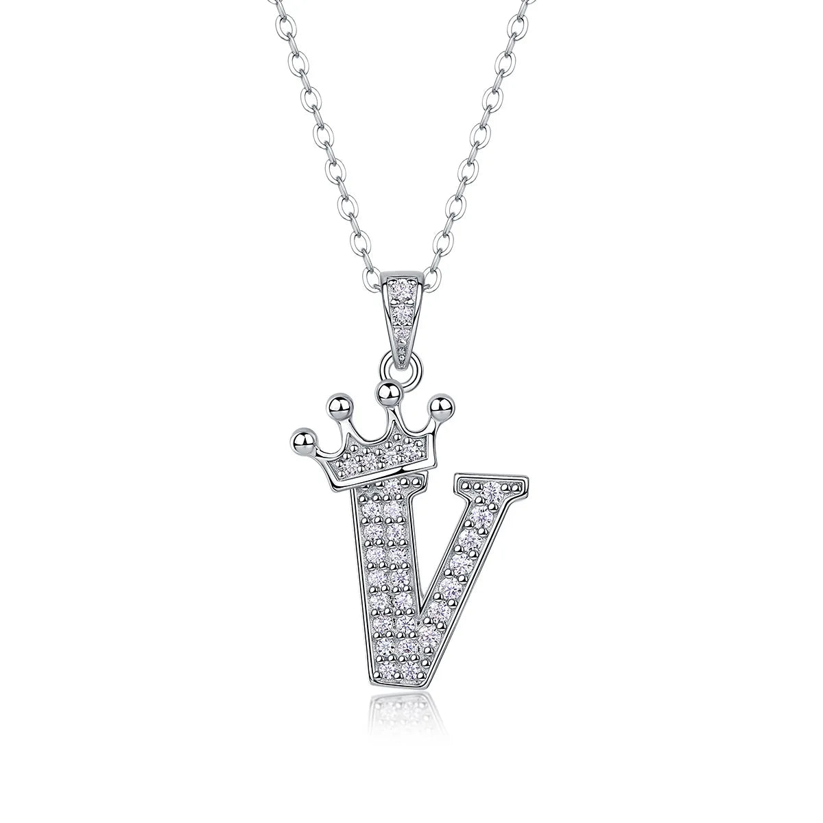 A sterling silver moissanite letter V pendant necklace with a crown design.