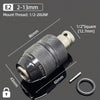 A close-up view of an E2 mount drill chuck with a 2-13mm size, showing its dimensions and mounting thread.
