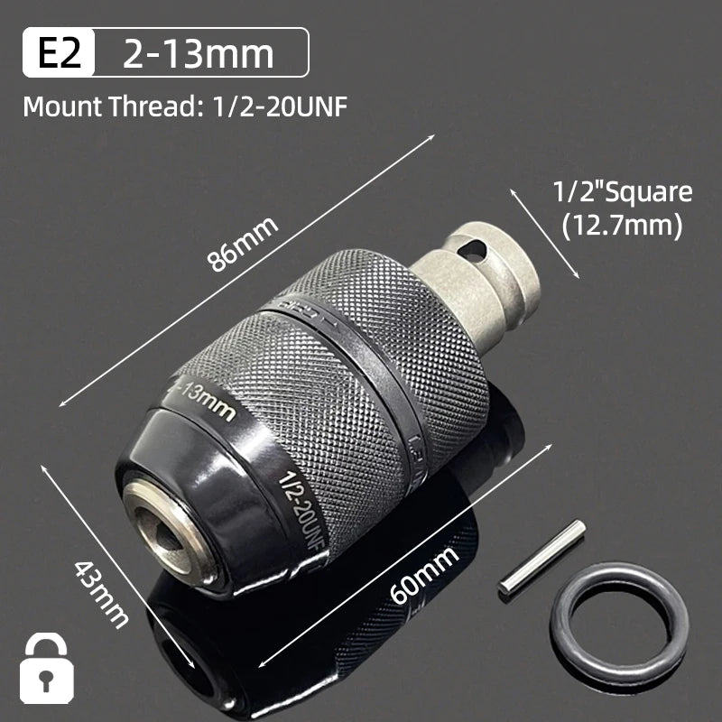A close-up view of an E2 mount drill chuck with a 2-13mm size, showing its dimensions and mounting thread.