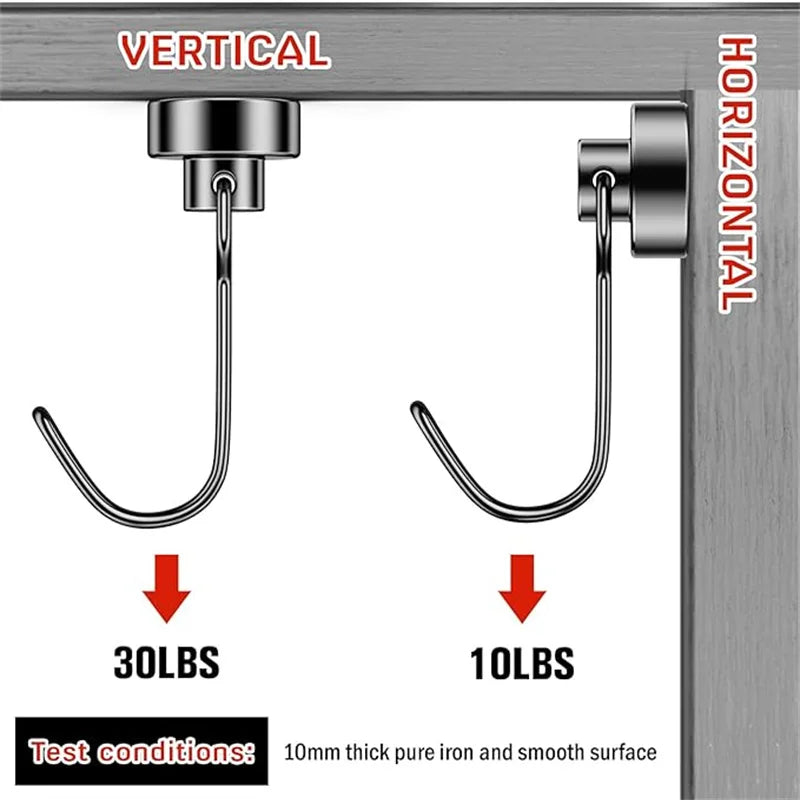 Two magnetic hooks, one vertical and one horizontal, are shown testing their strength on a metal surface.