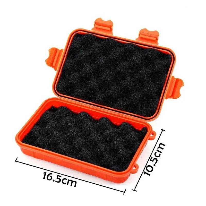 Orange waterproof sealed storage box with black foam lining and a lid.