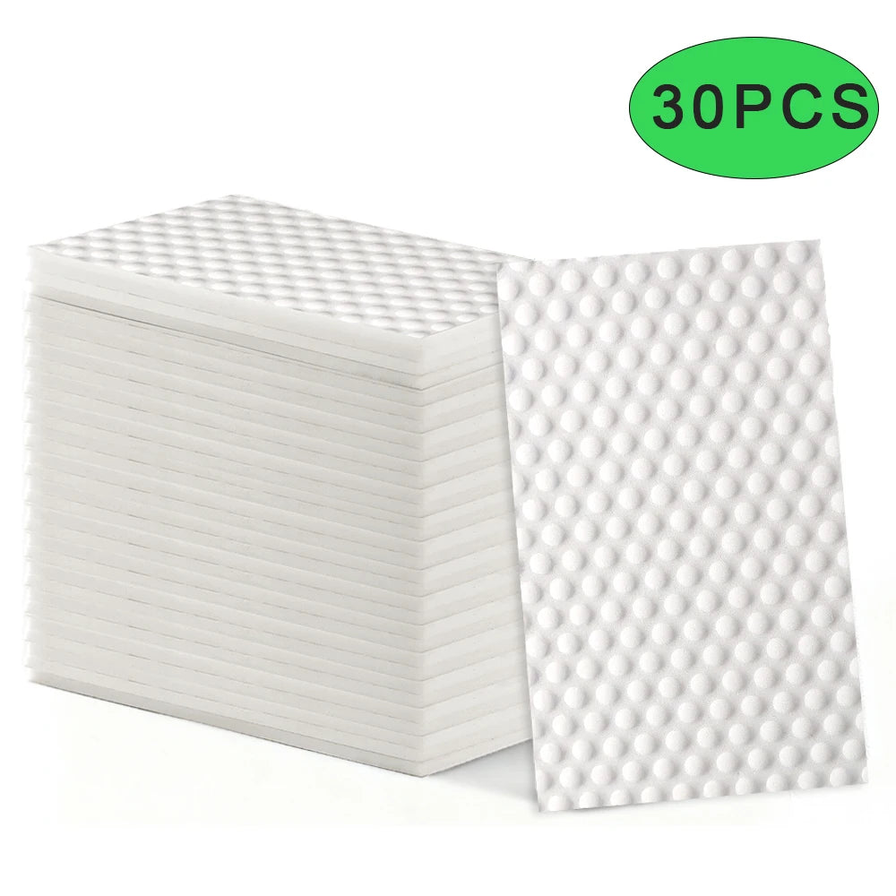 A stack of 30 white convex point magic eraser sponges for deep cleaning.