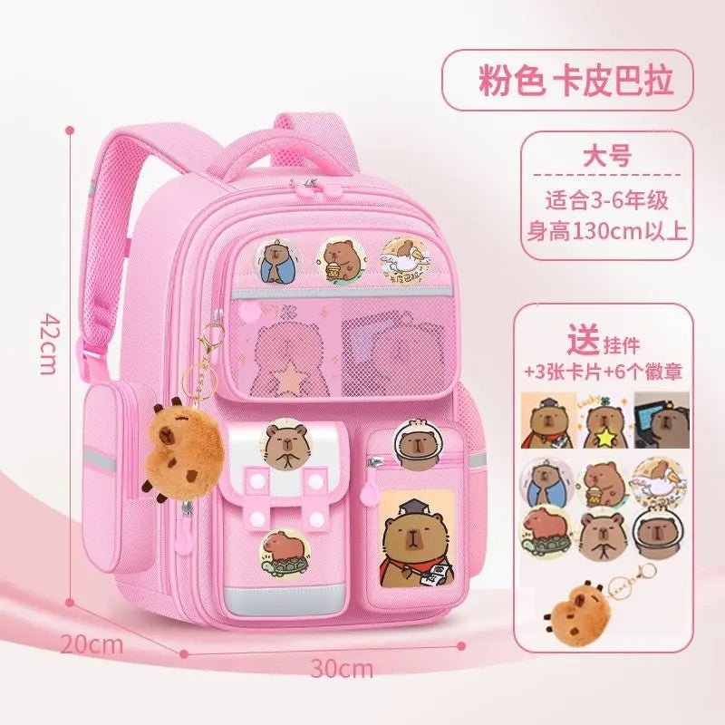 Pink capybara kids school backpack for children aged 3-6 with ergonomic support and various accessories