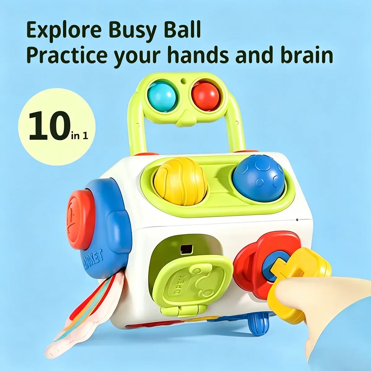 A white Montessori Busy Cube toy with colorful balls and components, designed for sensory learning.