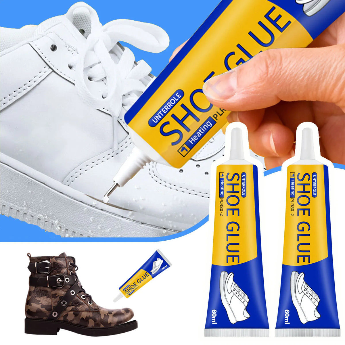 Eine Hand trägt gelben Schuhkleber auf einen weißen Sneaker, mit Flaschen Schuhkleber sichtbar.
