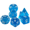 A set of seven transparent blue polyhedral dice including a d6, d8, d10, d12, d20, and d100.