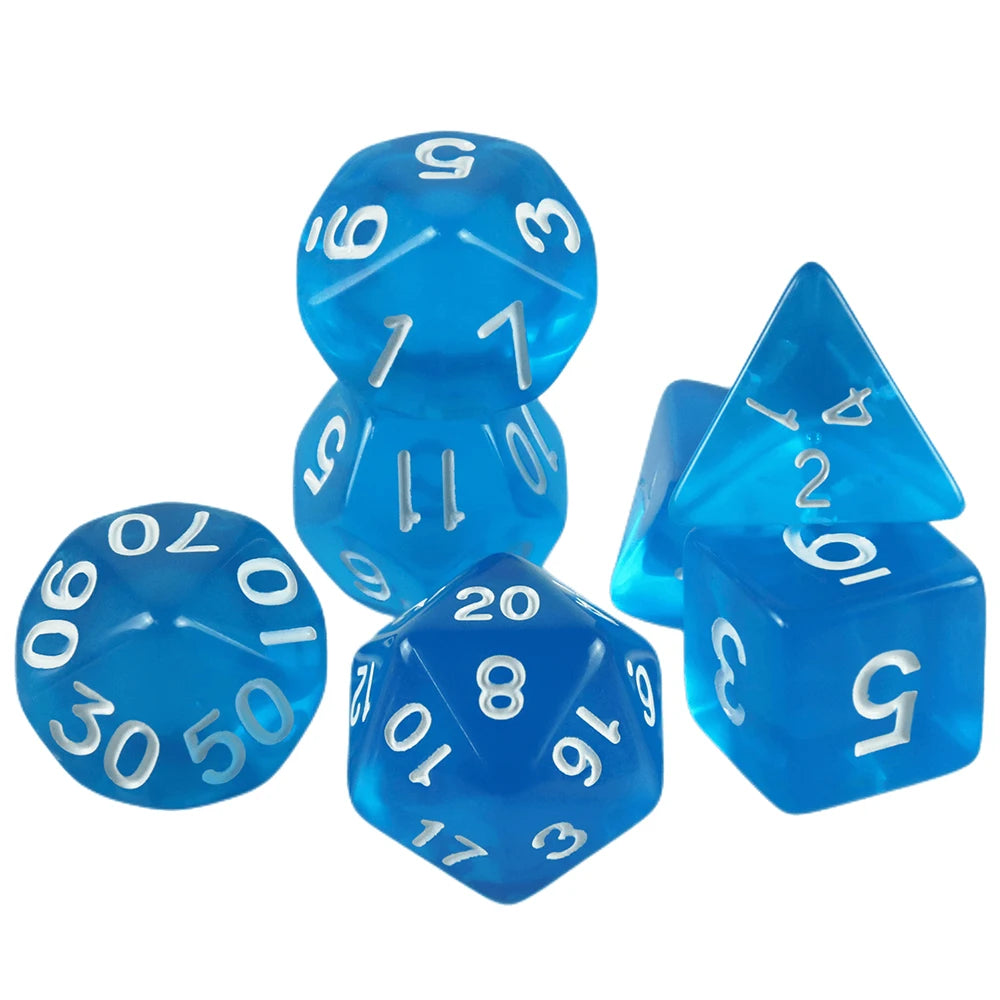 A set of seven transparent blue polyhedral dice including a d6, d8, d10, d12, d20, and d100.