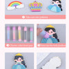 A craft kit showing steps for making princess and rainbow designs using colored bead pens and adhesive paper.