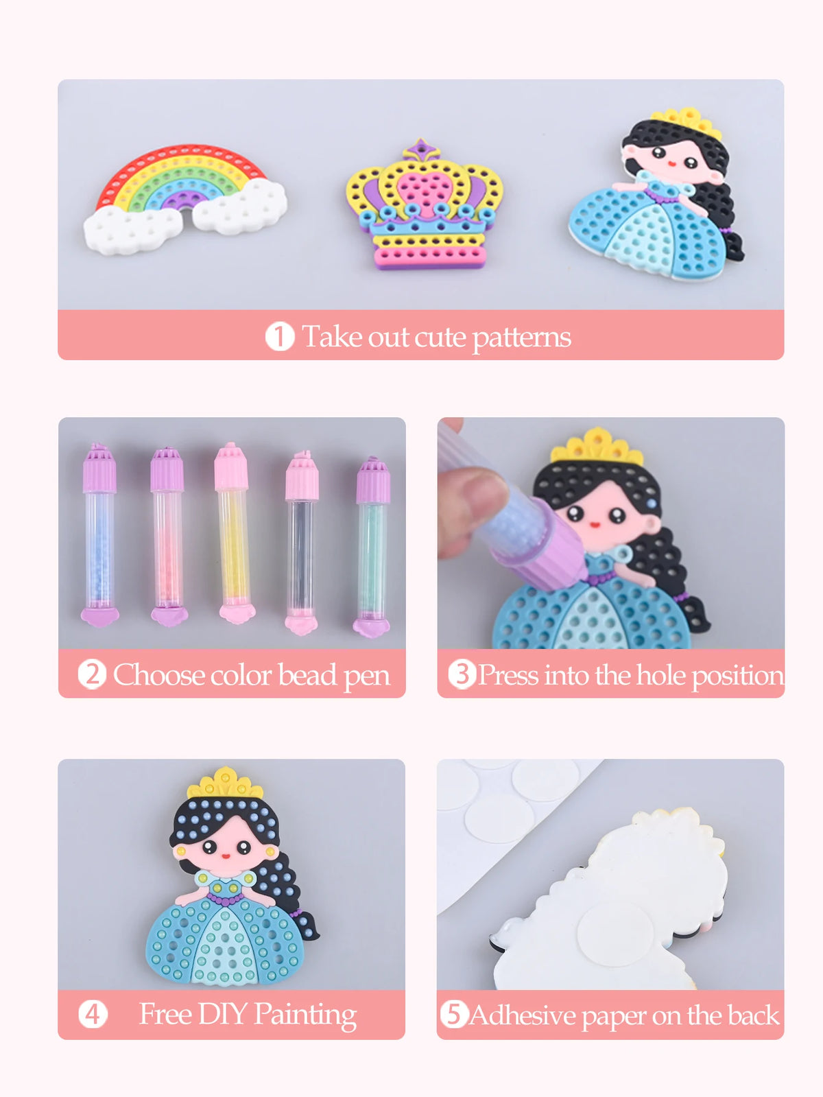 A craft kit showing steps for making princess and rainbow designs using colored bead pens and adhesive paper.