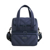 A navy blue insulated leakproof reusable lunch bag with a quilted pattern and carrying straps.