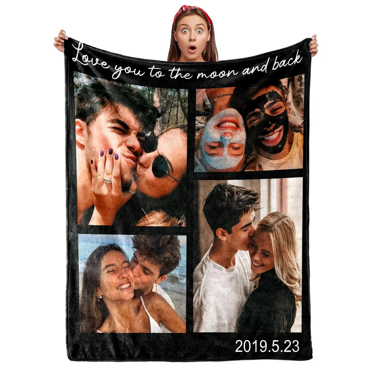 A black photo blanket featuring various personal photos and the text Love you to the moon and back.