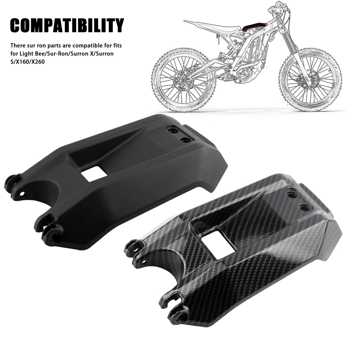Black and carbon fiber battery compartment cover for Sur-Ron Light Bee and Sur-Ron X260 electric vehicles
