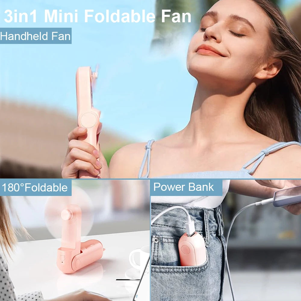 Eine Frau benutzt einen 3-in-1 faltbaren Handventilator und Powerbank zur persönlichen Kühlung.