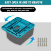 A teal battery holder with a lid is shown next to several small metal battery components.